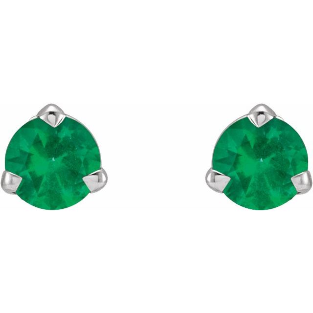 14K White 3 mm Natural Emerald Earrings