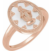14K Rose Oval White Enamel Miraculous Medal Ring