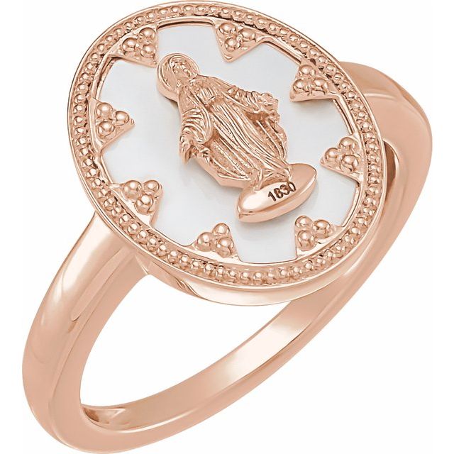 14K Rose Oval White Enamel Miraculous Medal Ring