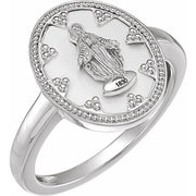 14K White Oval White Enamel Miraculous Medal Ring