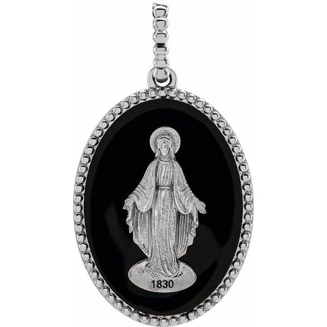 14K White Black Enamel Miraculous Medal Pendant