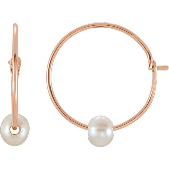 14K Rose Cultured White Freshwater Pearl Youth Huggie Earrings