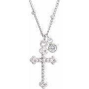 14K White .06 CT Natural Diamond Beaded Cross 20' Necklace