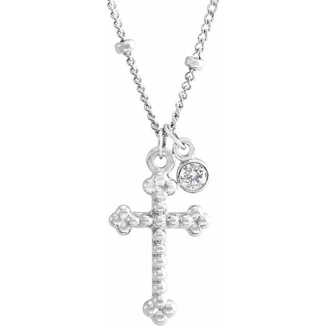 14K White .06 CT Natural Diamond Beaded Cross 20' Necklace