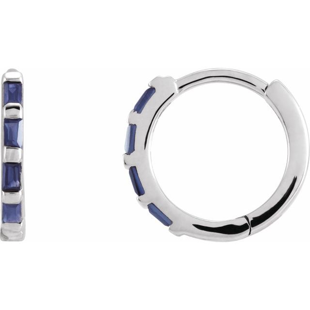 14K White Natural Blue Sapphire Huggie Earrings