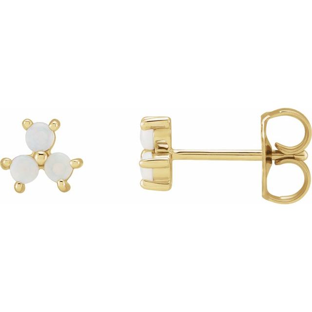 14K Yellow White Opal Three-Stone Cabochon Earrings