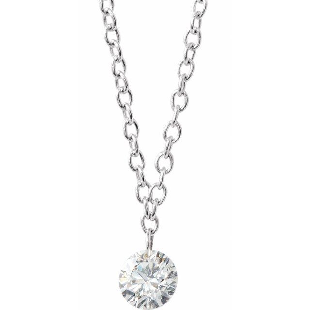 14K White 1/6 CT Drilled Natural Diamond Solitaire 16-18' Necklace