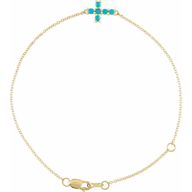 14K Yellow Natural Turquoise Sideways Cross 6 1/2-7 1/2' Bracelet