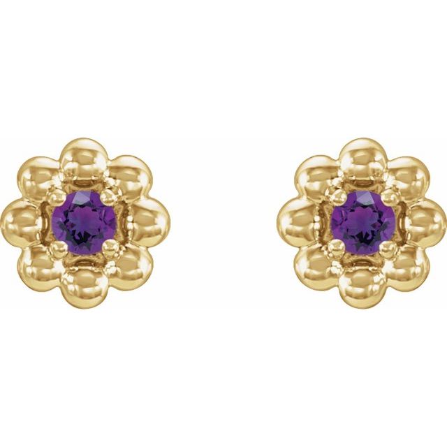 14K Yellow Natural Amethyst Petite Flower Beaded Earrings
