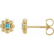 14K Yellow Natural Blue Zircon Petite Flower Beaded Earrings