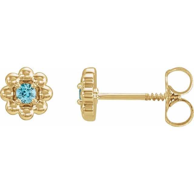 14K Yellow Natural Blue Zircon Petite Flower Beaded Earrings