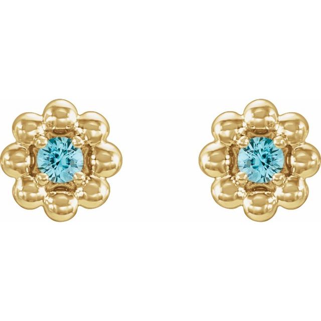 14K Yellow Natural Blue Zircon Petite Flower Beaded Earrings