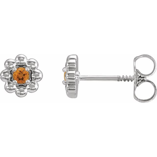 14K White Natural Citrine Petite Flower Beaded Earrings