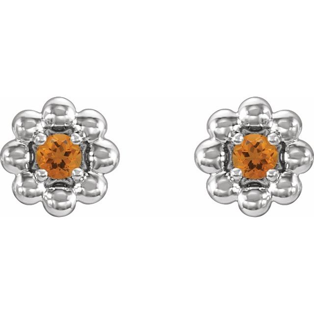 14K White Natural Citrine Petite Flower Beaded Earrings