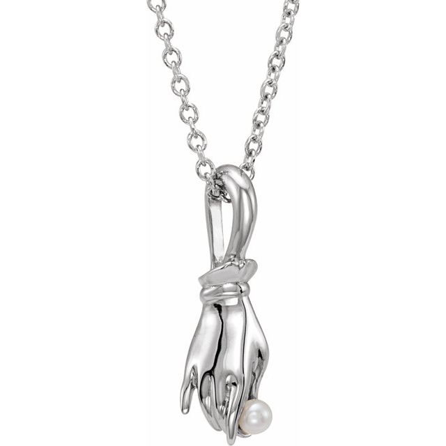 Sterling Silver Cultured White Seed Pearl Buddha Hand 16-18' Necklace