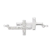 Sterling Silver Imitation Cubic Zirconia Double Sideways Cross 16-18' Necklace