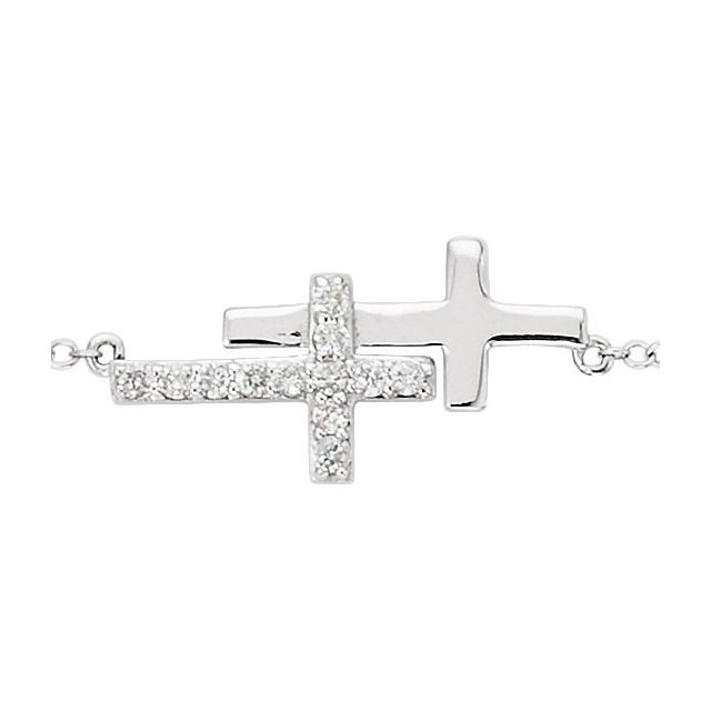 Sterling Silver Imitation Cubic Zirconia Double Sideways Cross 16-18' Necklace