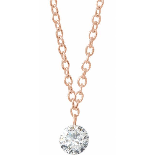 14K Rose 1/6 CT Drilled Natural Diamond Solitaire 16-18' Necklace