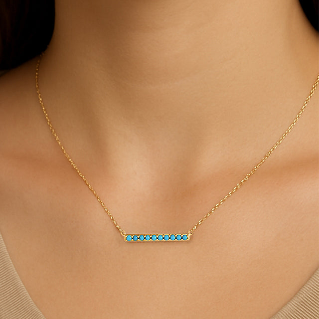 14K Yellow Cabochon Natural Turquoise Bar 18' Necklace