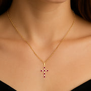 14K Yellow Lab-Grown Ruby & .07 CTW Natural Diamond Cross 16-18' Necklace