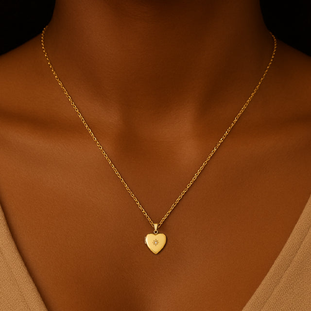 14K Yellow .02 CT Natural Diamond Heart Locket